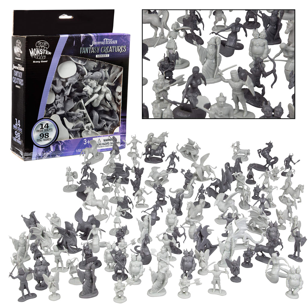 Monster Fantasy Creature Mini Action Figure Playset - 98pcs Toy Miniatures w 14 Unique Designs - Dragons Wizards Orcs & More- XL 1/32 Scale Compatible with Dungeons and Dragons and Other RPG Games
