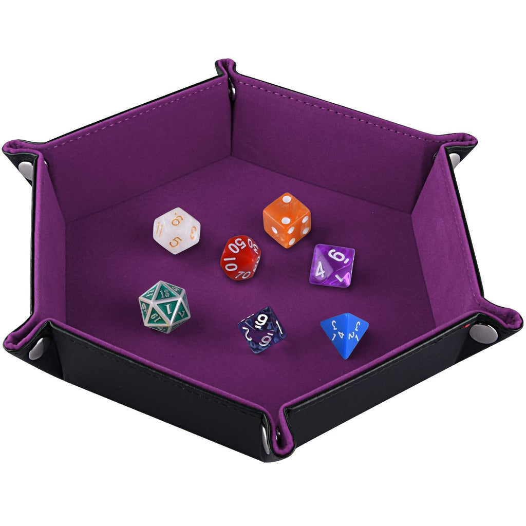 SIQUK Double Sided Dice Tray Folding Hexagon PU Leather and Velvet Dice Holder for Dungeons and Dragons RPG Dice Gaming D&D and Other Table Games Dark Violet