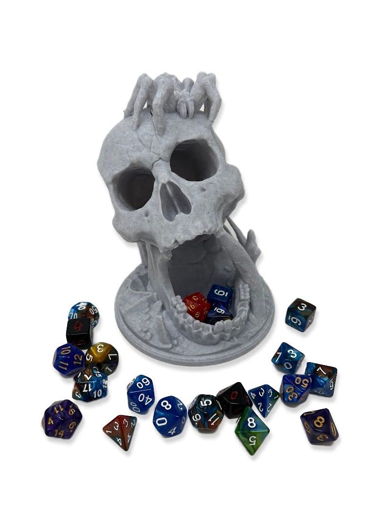 MunnyGrubbers - 6.5" Skull Dice Tower - (Random 7PCS D20 Dice Set Included) - No Paint Odorless Plastic - Tabletop Roleplaying Game - Dice Roller - Dungeons and Dragons - DND - D&D - (Marble)