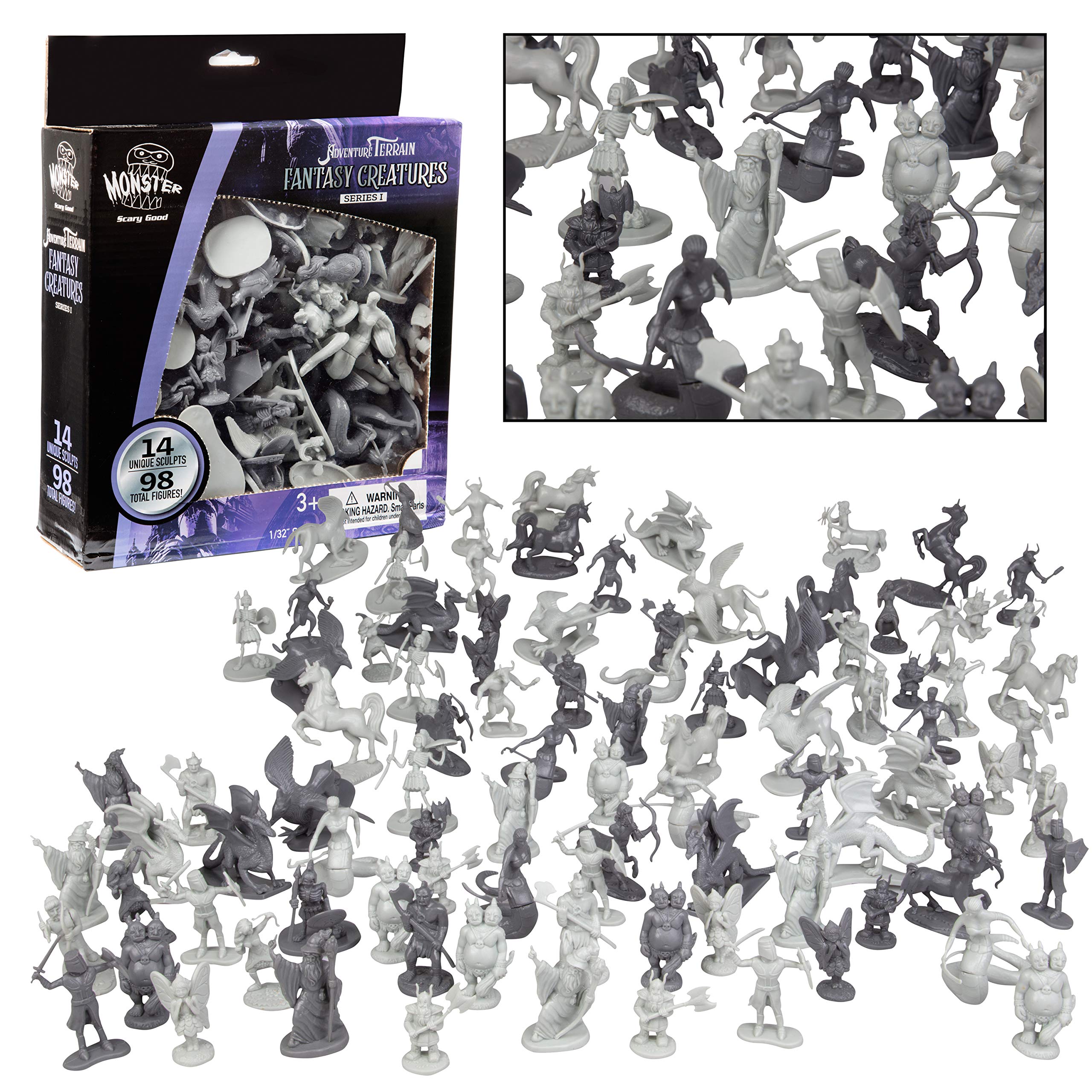 Monster Fantasy Creature Mini Action Figure Playset - 98pcs Toy Miniatures w 14 Unique Designs - Dragons Wizards Orcs & More- XL 1/32 Scale Compatible with Dungeons and Dragons and Other RPG Games